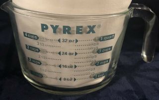 Pyrex 4 Cup Glass Measuring Cup,  Green Lettering,  1 Quart,  1 Liter,  6 " Diameter