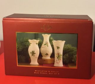 Lenox Set Of 3 Mistletoe & Holly Bud Vases Christmas 5”