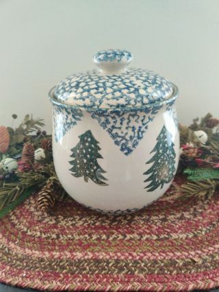 Folk Craft Cabin In The Snow Cookie Jar With Lid Tienshan Spongeware Christmas