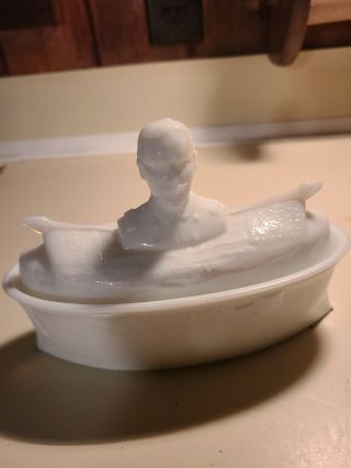 Vintage Milk Glass Lid Admiral Dewey Ship Boat Covered Butter Dish Figural