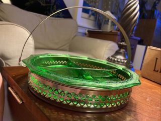 Vintage Green Depression Glass Divided Relish/candy Dish Silver Metal Handle