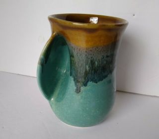 Neher Pottery Hand Warmer Coffee Cup Mug Teal/brown Drip Glaze Left Hand Grip 5”