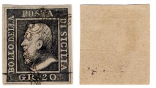 Italy States Stati 1859 Sicilia Sicily Gr.  20 Stamp Grey Brown Sassone Cat.  13
