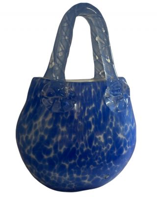 Glass Purse Vase Mouth Blown Hand Cut Blue Spatter Glass Polished