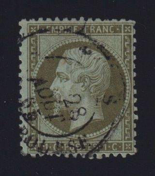 France Sc 22 (1862 - 71) 1c Olive Green On Pale Blue Paper Napoleon
