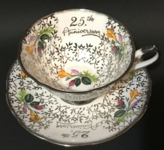 Elizabethan China Wide Footed Cup Saucer 25th Anniversary Silver Colour Floral