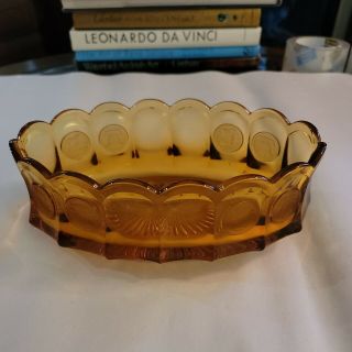 Fostoria Coin Glass Amber Oval Bowl 9 " X5.  25 " Scalloped Edge Vintage Liberty Bell