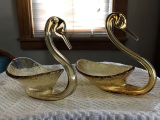 Vintage Viking Handblown Amber Art Glass Swan Candy/nut Dish (2)