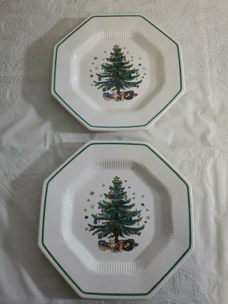 2 X Christmastime Nikko Christmas Tree Octagon Dinner Plates 10 3/4 " Guc