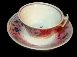 C 1830 - 40 Staffordshire Pink Luster Soft Paste Tea Cup &saucer Red & Blue Floral
