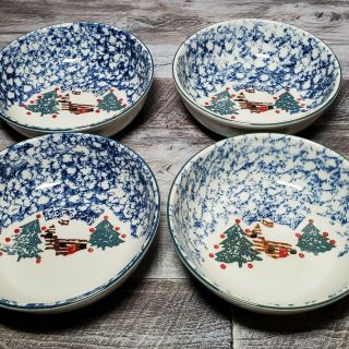 Tienshan Folk Craft Cabin In The Snow Set Of 4 Soup Cereal Bowls 6 1/2 "