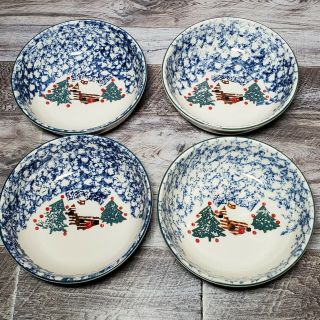Tienshan Folk Craft CABIN IN THE SNOW Set of 4 Soup Cereal Bowls 6 1/2 