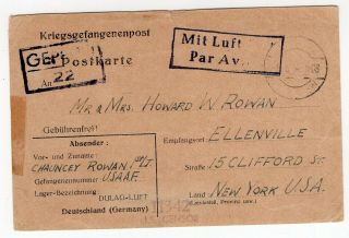 Germany 1944 Pow / Internment Camp - Wwii Censor Postcard To Usa - American Pow