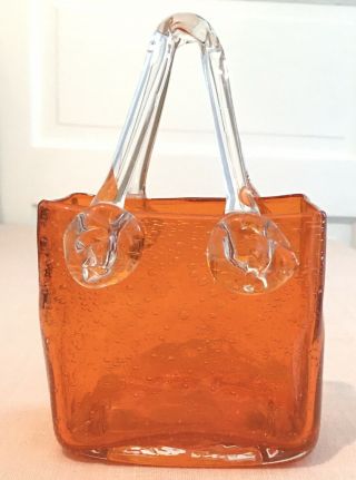 Orange Hand Blown Art Glass Sculpture Vase - Purse/bag - Shaped (murano Style)