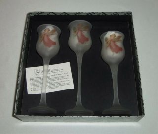 3 Christmas Angel Stemmed Votive Holders Frosted Glass Tall L.  E.  Smith W/ Box