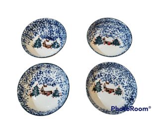 Tienshan Folk Craft Cabin In The Snow Set Of Four (4) Soup / Cereal Bowls 6 1/2 "