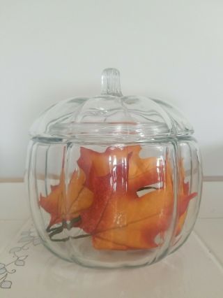 Anchor Hocking Glass Pumpkin Jar With Lid 7.  5 " Cookie Jar Candy Jar Decorative