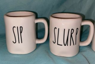 4 RAE DUNN Espresso Coffee Mugs GULP SIP DRINK SLURP 4 Oz.  Mini Small Mugs SET 2