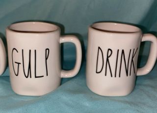 4 RAE DUNN Espresso Coffee Mugs GULP SIP DRINK SLURP 4 Oz.  Mini Small Mugs SET 3