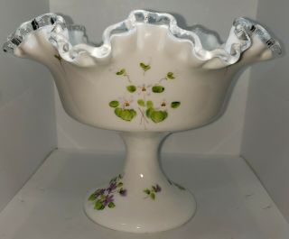 Vtg Fenton Silver Crest Violets In The Snow Footed Compote Bowl Signed Susan Lee