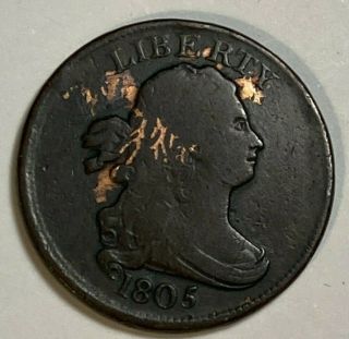 1805 Small 5,  No Stems,  Very Good Vg Draped Bust Us Half Cent 1/2c Cleaned
