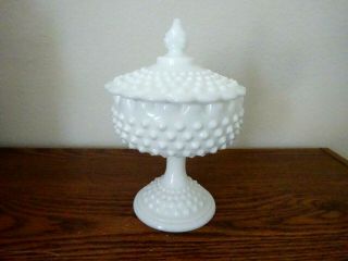 Vtg Fenton White Milk Glass Hobnail Footed Pedestal Covered Candy Dish,  8 - 1/2 "