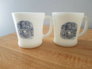 Vintage Currier And Ives White Milk Glass D Handle Coffee Mugs/cups Set Of 2