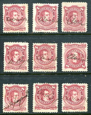 Argentina - 1880 Rivadavia (scott 39) ; Nine Examples With Pen Cancellations