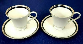 2 Edgerton China Solitaire Footed Cup & Saucer Set Platinum Trim Vtg Made In Usa