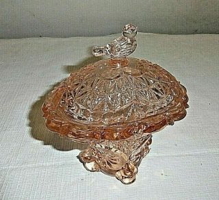 Pink Glass Lidded Candy Dish,  Bird Theme,  Late Vintage/contemporary