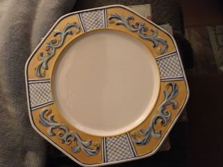 Fitz & Floyd Ricamo Trattoria Dinner Plate 10.  5 Blue White Yellow Crosshatch
