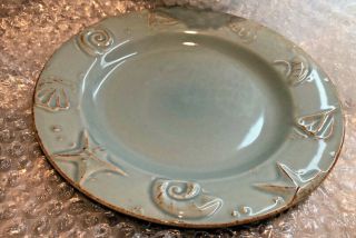 S/2 Thomson Pottery Cape Cod Rustic Blue Embossed Shell Salad Plates For Pw