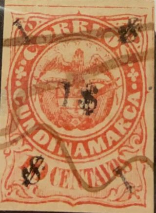 O) 1870 Colombia,  Cundinamarca,  Coat Of Arms Sct 2 10c Red.  Cancelled,  Xf