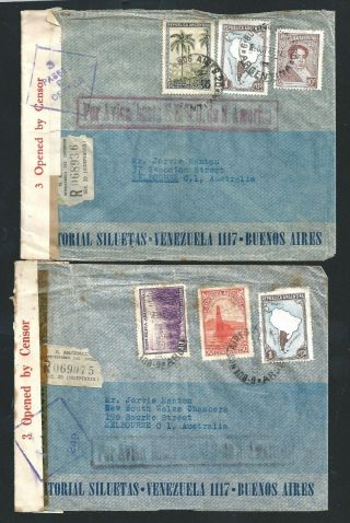 Two 1943 Ww2 Registered Covers Argentina To Melbourne Vic Australia Minister Int