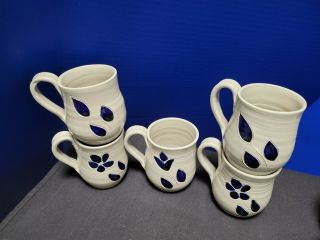 5 Williamsburg Va Pottery Coffee Mugs Salt Glaze Cobalt Flower & Leaf Designs