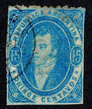 Argentina 1864 Rivadavia 15c.  Wmk Perf.  Faulty Thin/small Tear