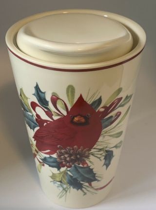 Lenox Winter Greetings Porcelain Top Travel Mug 870607 Red Cardinal Nib