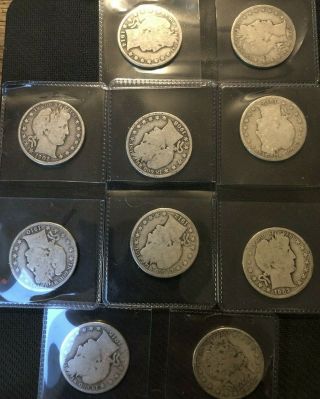 $5 Fv - 10 Coins 90 Silver Barber Half Dollars Full Dates Yrs 1902 - 1915 Sh