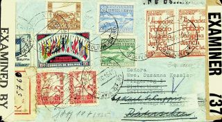 Bolivia 1942 Wwii 9v On Regd Censor Cover Via Panagra Redirected To Switzerland