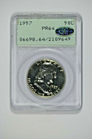 1957 Pcgs Pr64 Proof Franklin Half Dollar In 1st Gen Ogh With Gold Cac Sticker