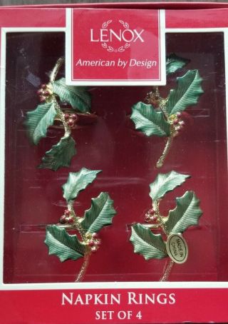Set Of 4 Lenox Holiday Holly Napkin Rings 7156 American By Design Christmas Nib