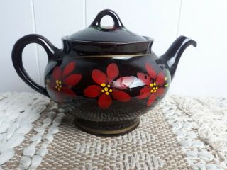Vintage Royal Canadian Art Pottery Dripless Tea Pot Dark Brown Black Flowers