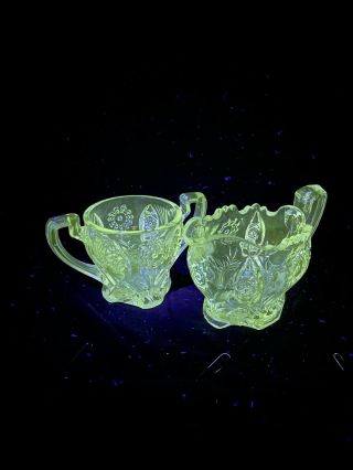 Uranium Glass Sugar And Creamer Set - Crystal,  Glowing Glass