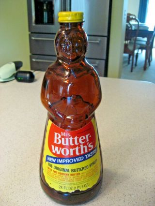 Vintage Mrs.  Butterworth Syrup 24 Fl.  Oz.  Glass Bottle With Metal Lid & Label