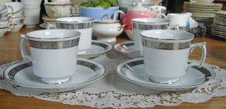 Harmony House Romaic Platinum Greek Key Teacups & Saucers Set Of 4