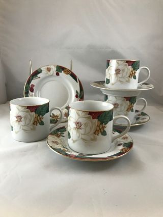 Set Of 4 Tienshan Magnolia Cups And Saucers Fine China (d2)