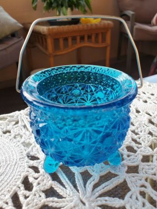 Vintage Blue L.  E.  Smith Glass Co Daisy & Button Footed Bucket Cauldron Handle