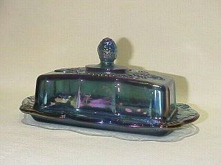 Indiana Glass Harvest Grapes Blue Carnival Glass Covered Butter Dish