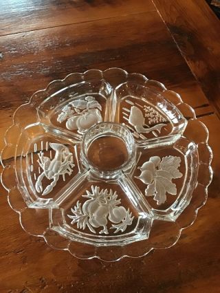 Round Divided Relish Serving Dish Tray Clear Frosted Etched Intaglio Glass
