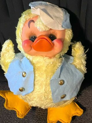Vintage 1950’s Rushton 15” Baby Yellow Duck W/ Blue Vest Tags Star Creation Exuc